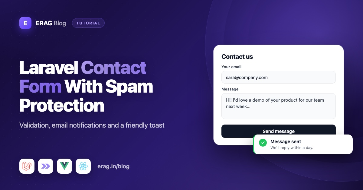Laravel contact form with name, email, subject buttons, a message box and a success toast