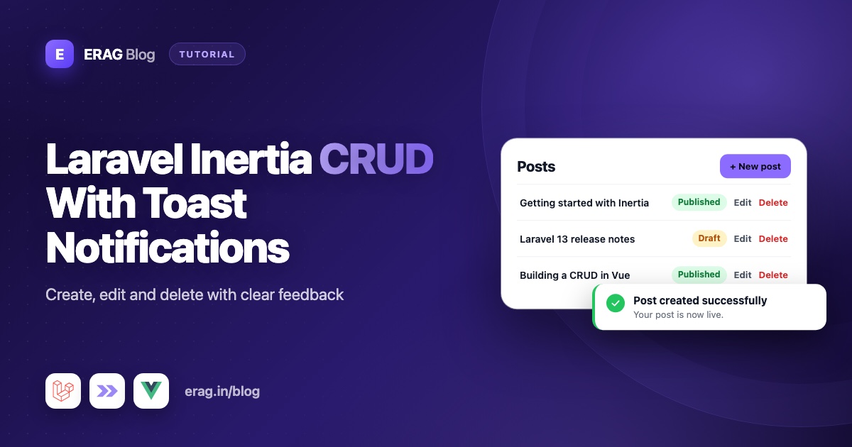 Laravel Inertia CRUD app showing a posts list, an edit form and a success toast