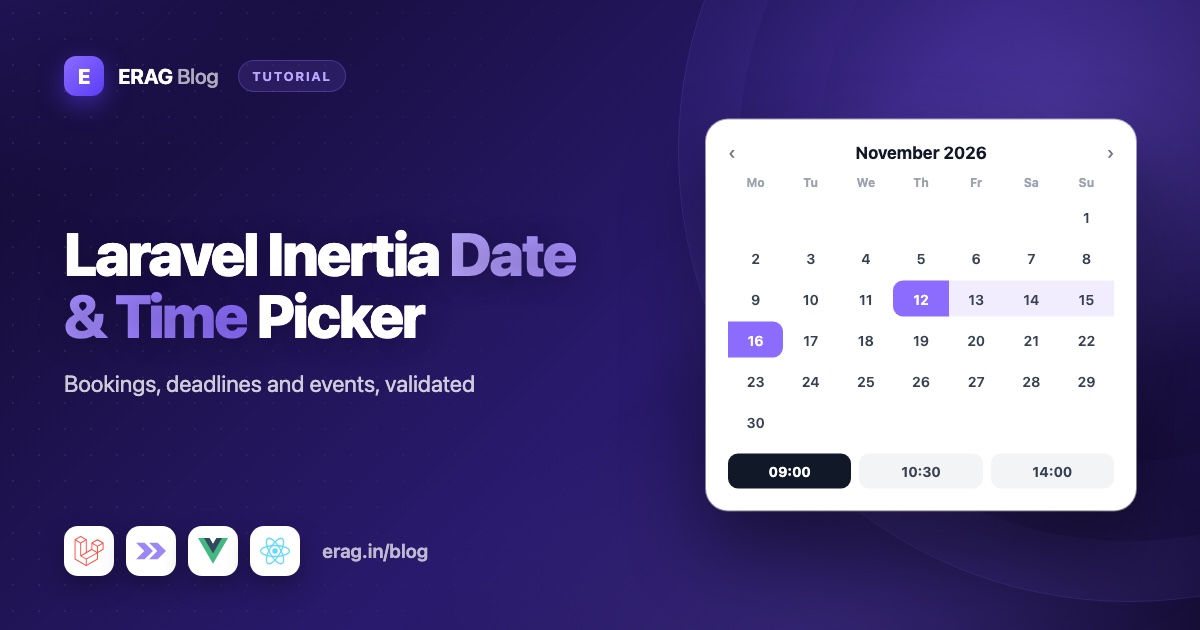 Laravel Inertia date picker with a calendar popover, time columns and a booking date range