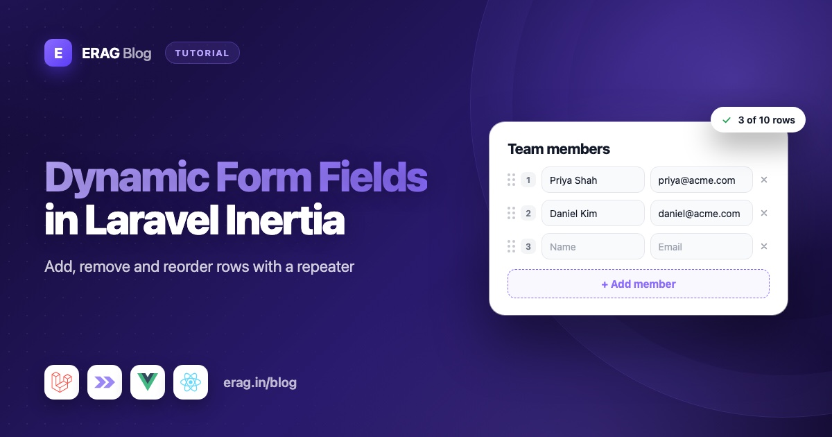 Laravel Inertia invoice form with repeater rows and an add line item button