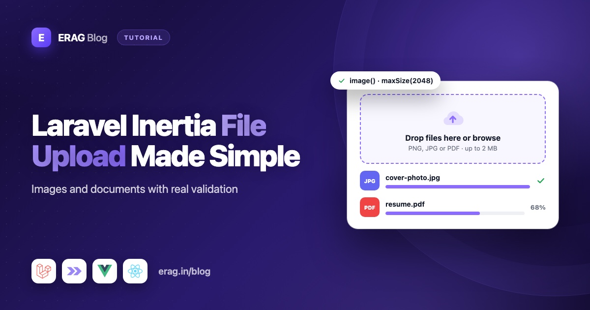 Laravel Inertia file upload form with an image drop zone, gallery and PDF document field
