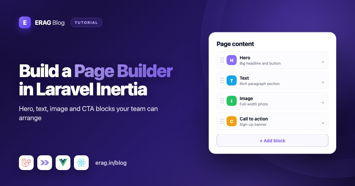 Laravel Inertia page builder with hero, text, image and call to action content blocks