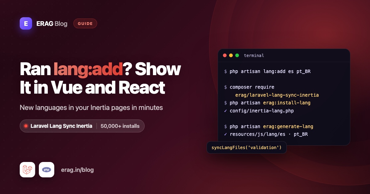 Ran lang:add banner showing a new language appearing in Inertia Vue and React pages