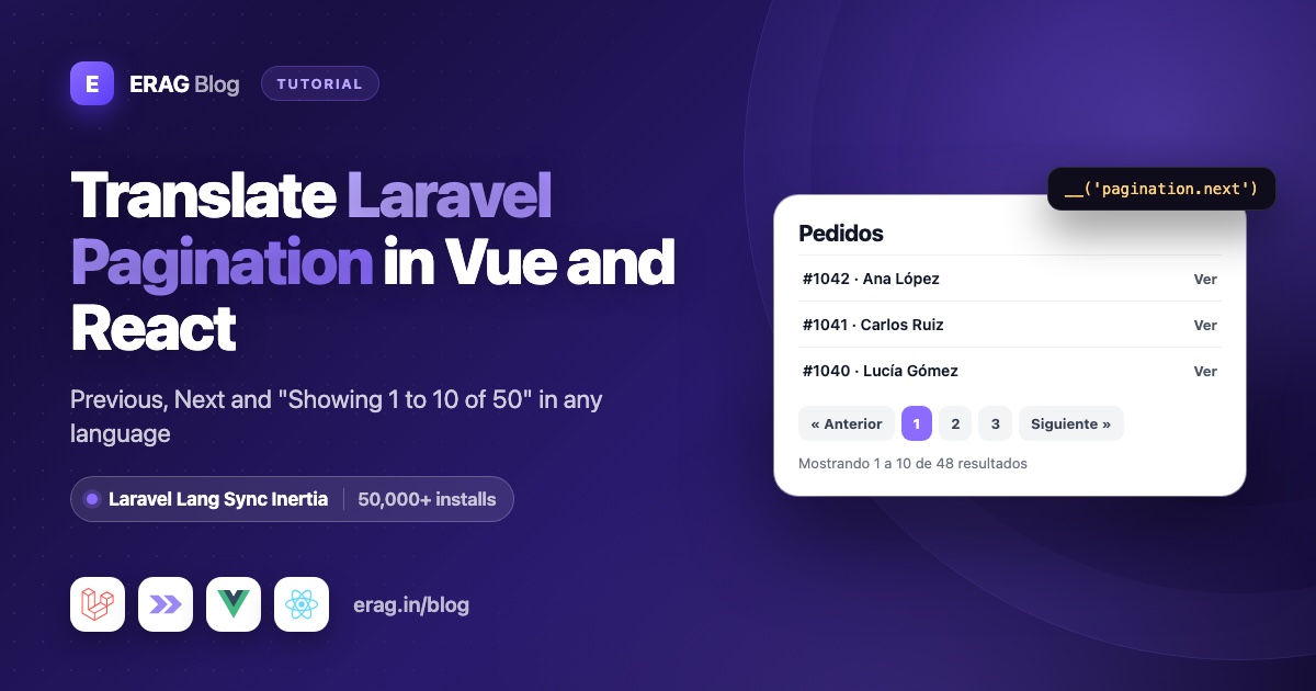 Laravel pagination links and a Showing results line translated into Spanish in Vue and React