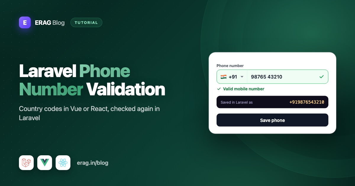 Laravel phone number validation flow with a country code selector in Vue and React
