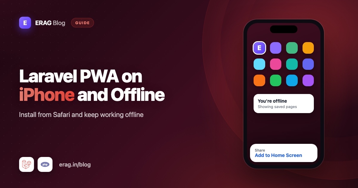 Laravel PWA installed on an iPhone home screen next to its offline fallback page