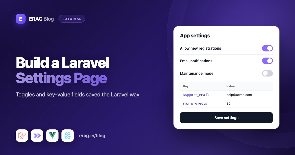 Laravel admin settings page with toggle switches, key-value rows for social links and a save button