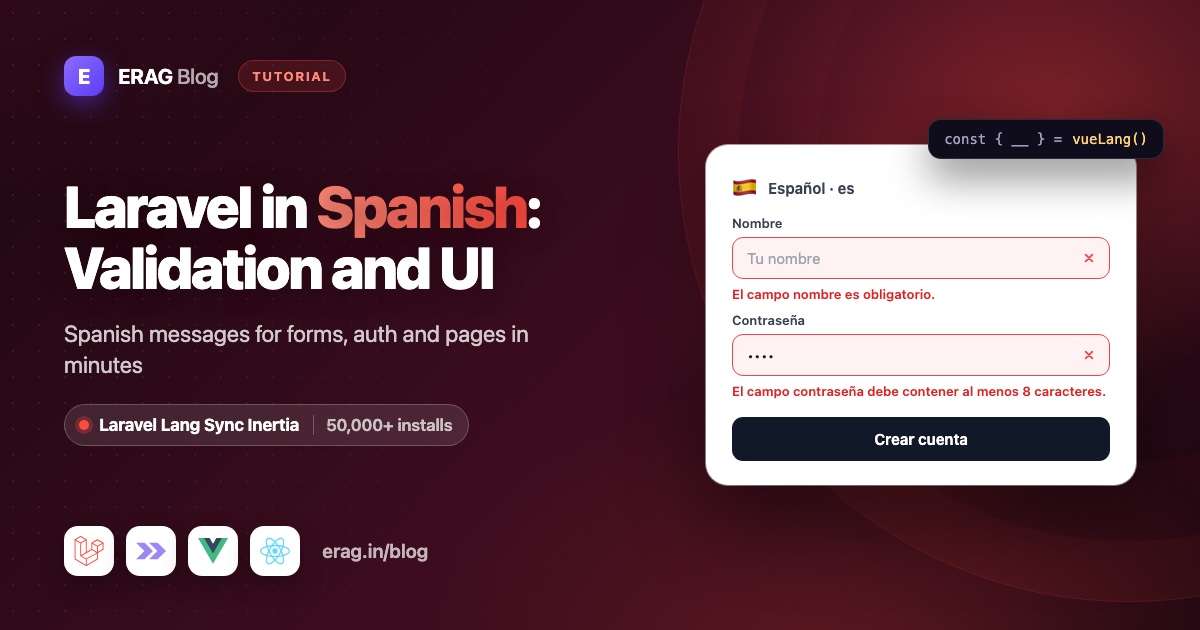 Spanish sign-up form with translated validation errors and a vueLang() call from Laravel Lang Sync Inertia