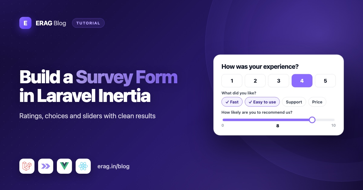 Laravel survey form with 1 to 5 rating buttons, feature pills, a 0 to 10 slider and comments