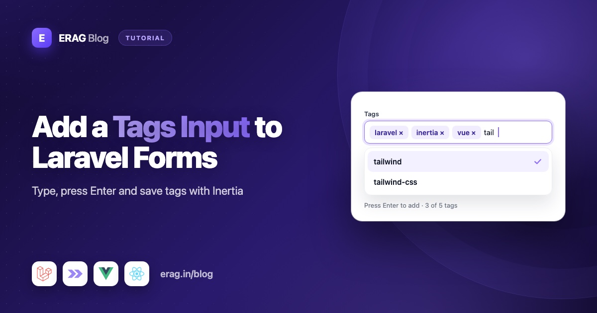 Laravel Inertia post form with a tags input showing tag chips and a suggestions dropdown