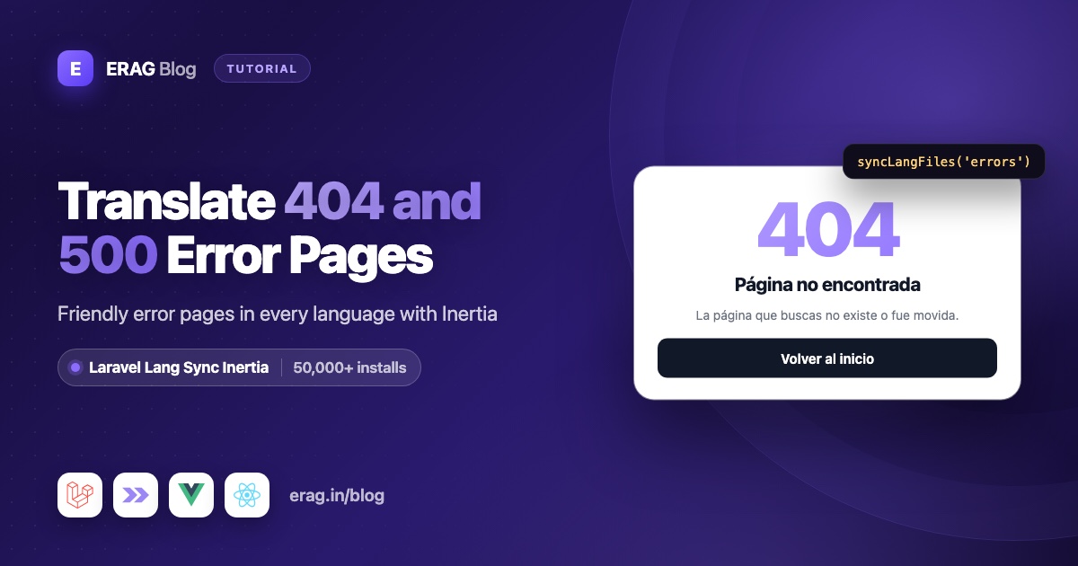 Spanish 404 error page with a Volver al inicio button, built with Laravel Lang Sync Inertia