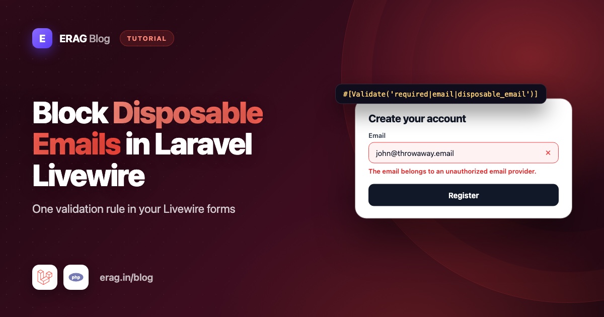 Laravel Livewire registration form showing a disposable email validation error on blur