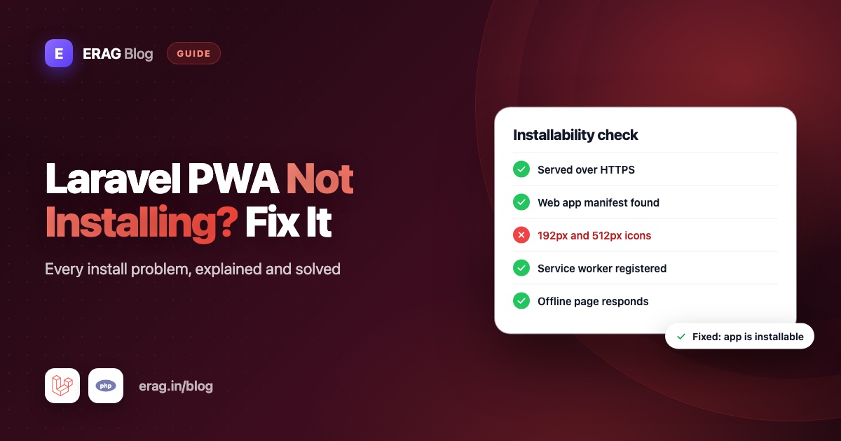 Chrome DevTools Application panel showing manifest installability errors for a Laravel PWA