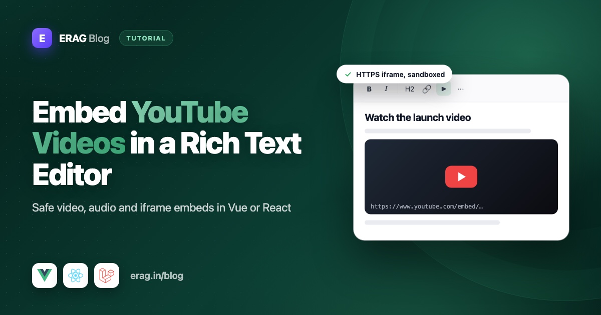 Rich text editor with a YouTube video embedded through the Insert Media dialog