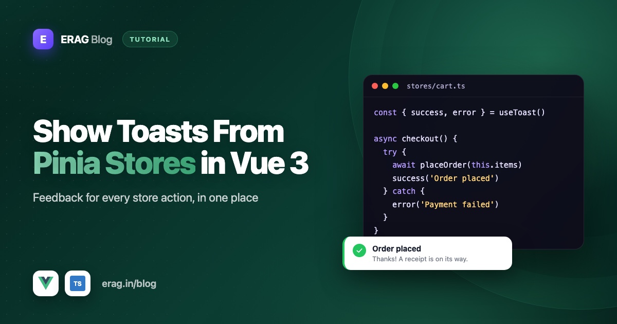 Vue 3 shopping cart with a Pinia store showing an Order placed toast notification
